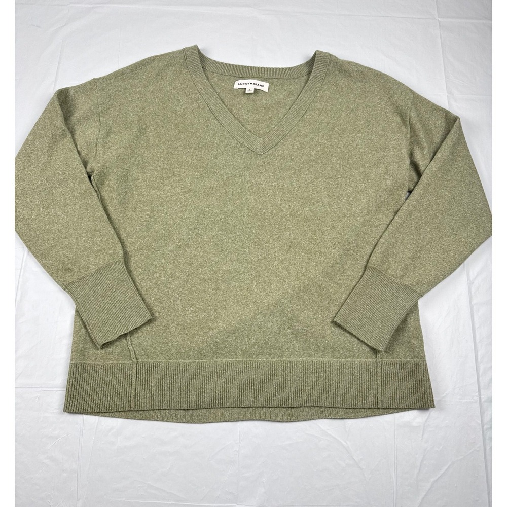 Lucky Brand Womens Olive Green Marl V-Neck Drop Shoulder Knit Sweater Small